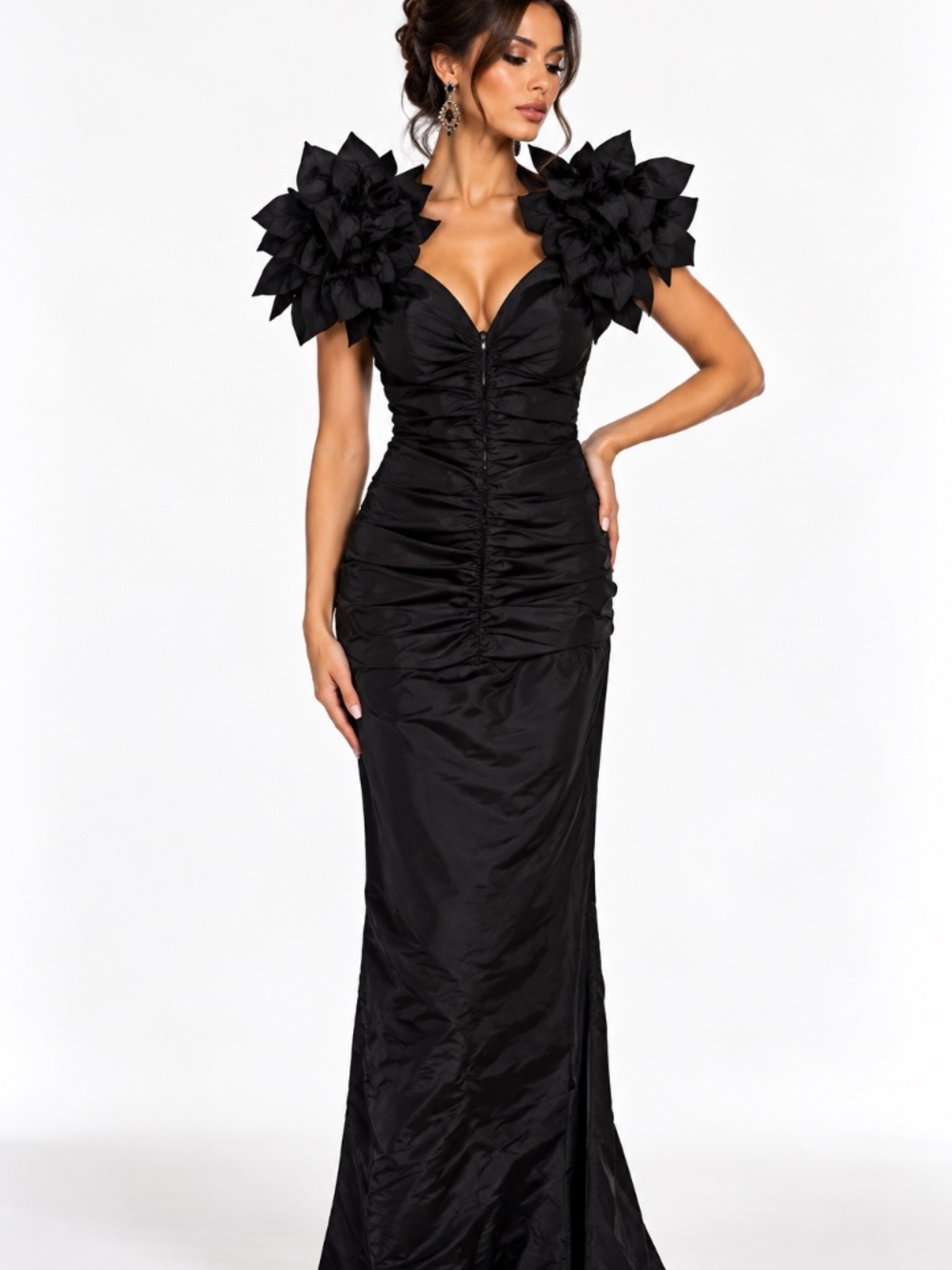 Vintage Zum Zum by Niki Livas Black Ruched Ruffle Shoulder Mermaid Gown - Picture 3 of 11